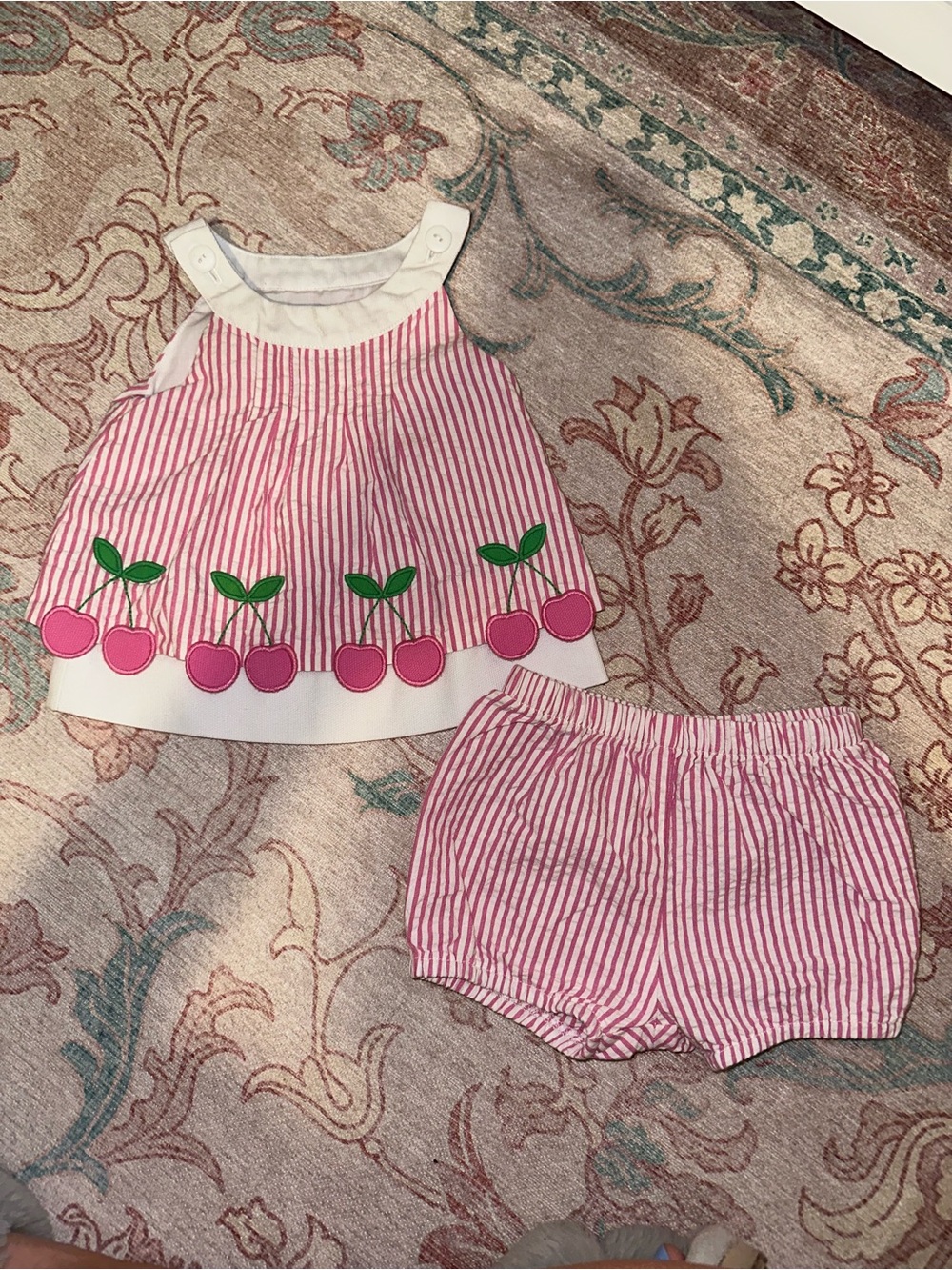Florence Eiseman Pink Striped Cherry-Trim Two-Piece Set